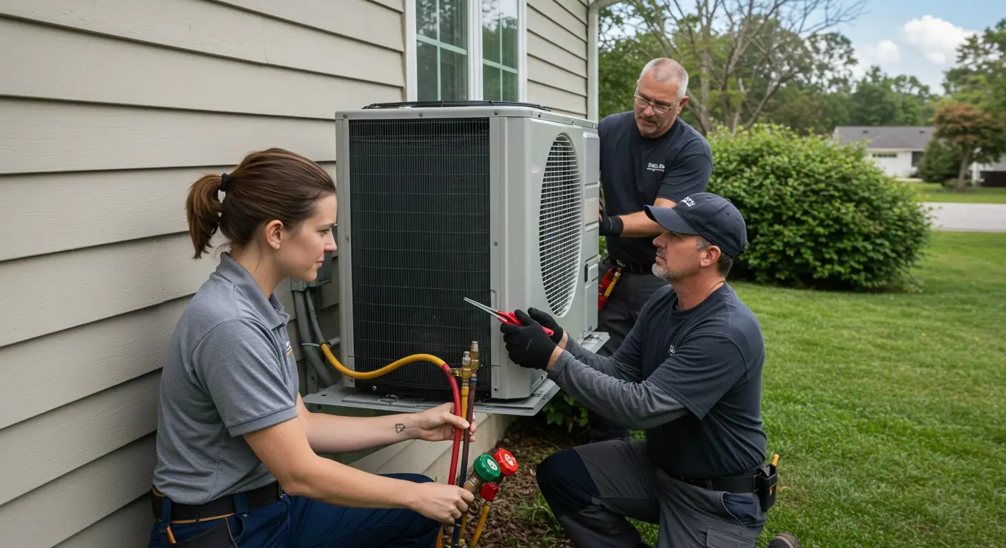 Three technicians servicing outdoor HVAC unit.