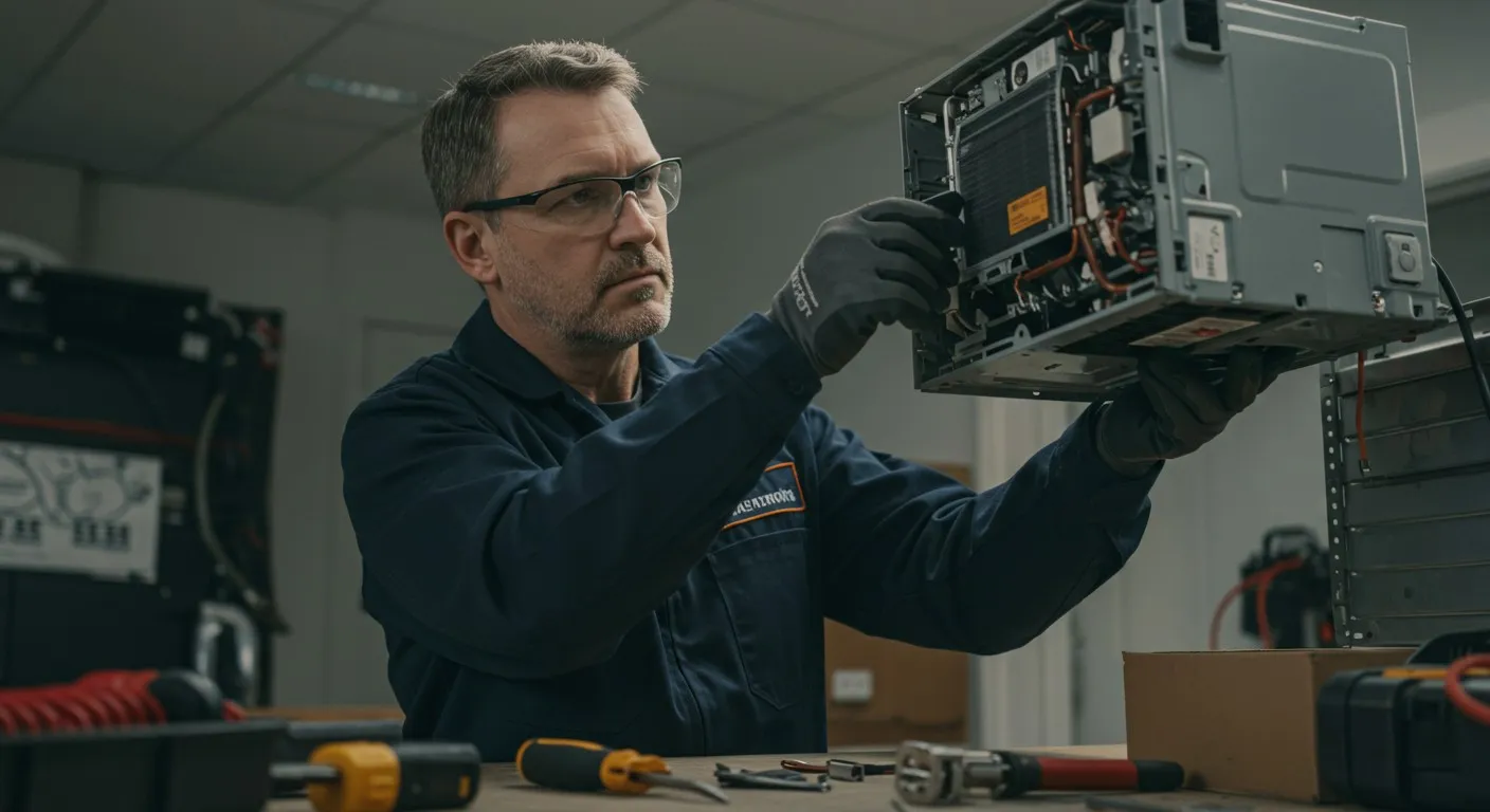 Man inspecting complex machinery for repairs.