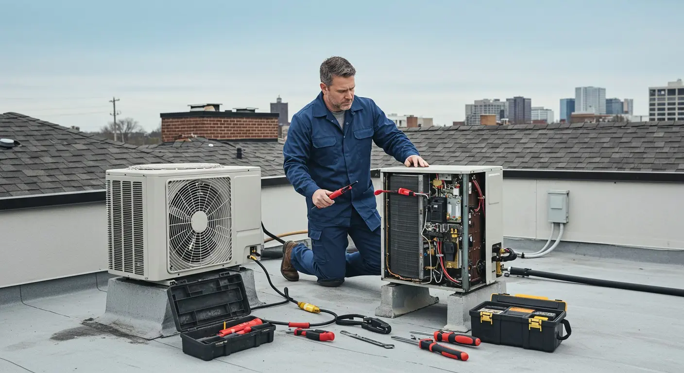 Man repairs rooftop AC unit.