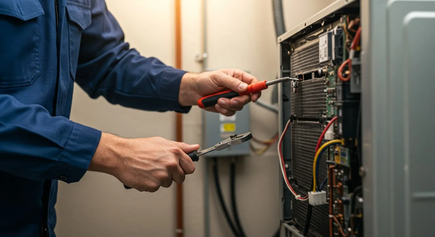 Man uses tools to repair HVAC.
