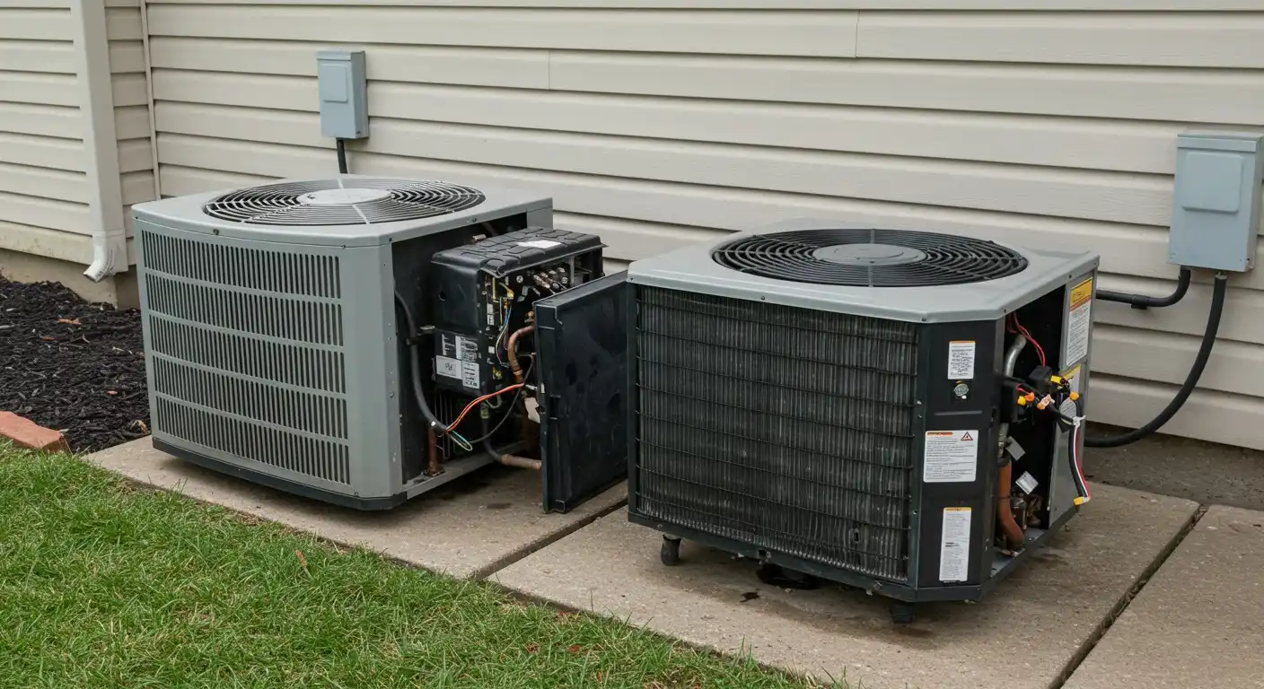 Two open HVAC units outside house.
