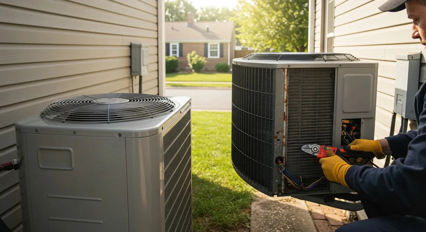 Man repairs outdoor AC unit.