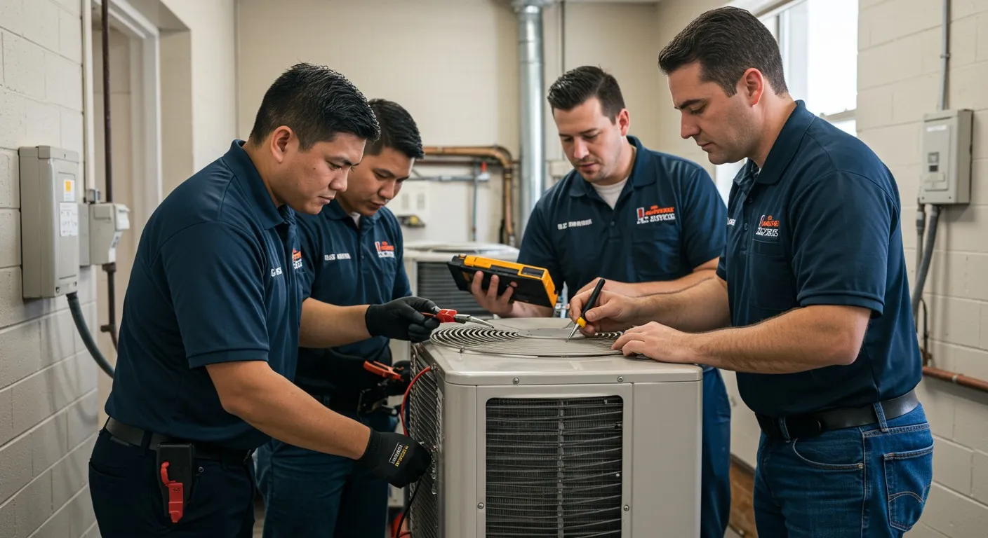  Four men troubleshoot an indoor AC unit.