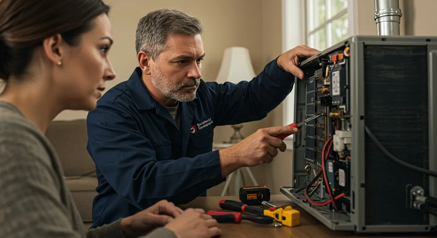 Man and woman repairing HVAC unit.