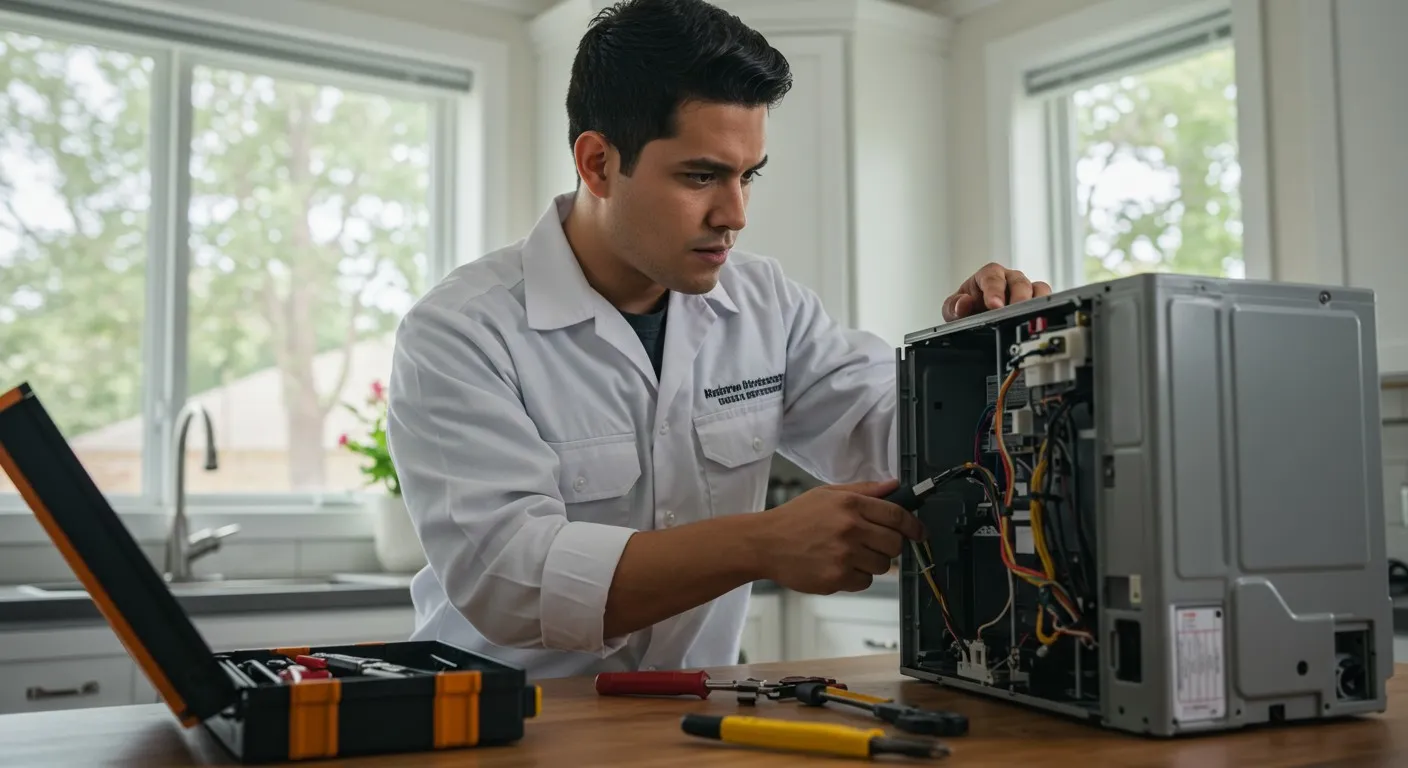 Man repairs ac on kitchen counter.