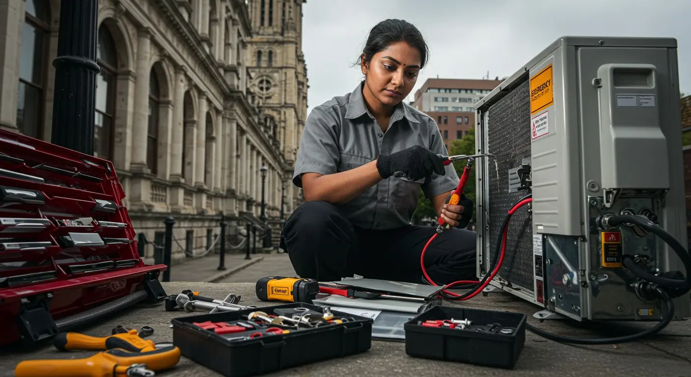 Woman repairs outdoor HVAC unit.
