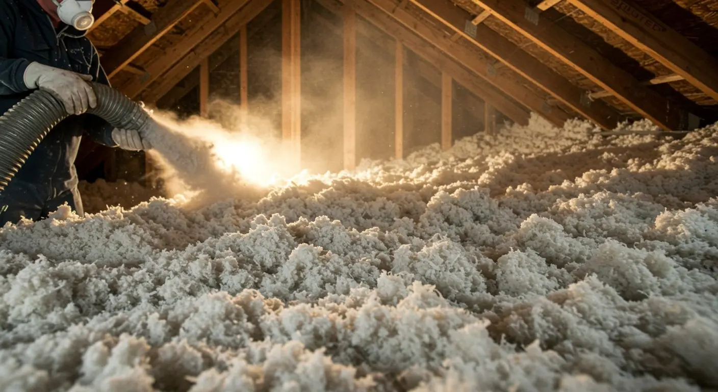 A person blowing insulation in an attic roof using a pipe