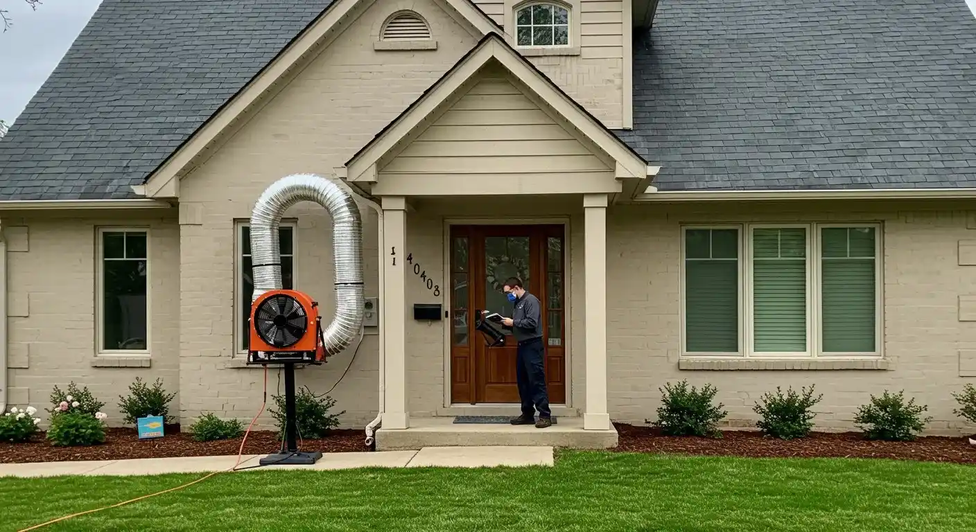A person standing next to a blower of a home