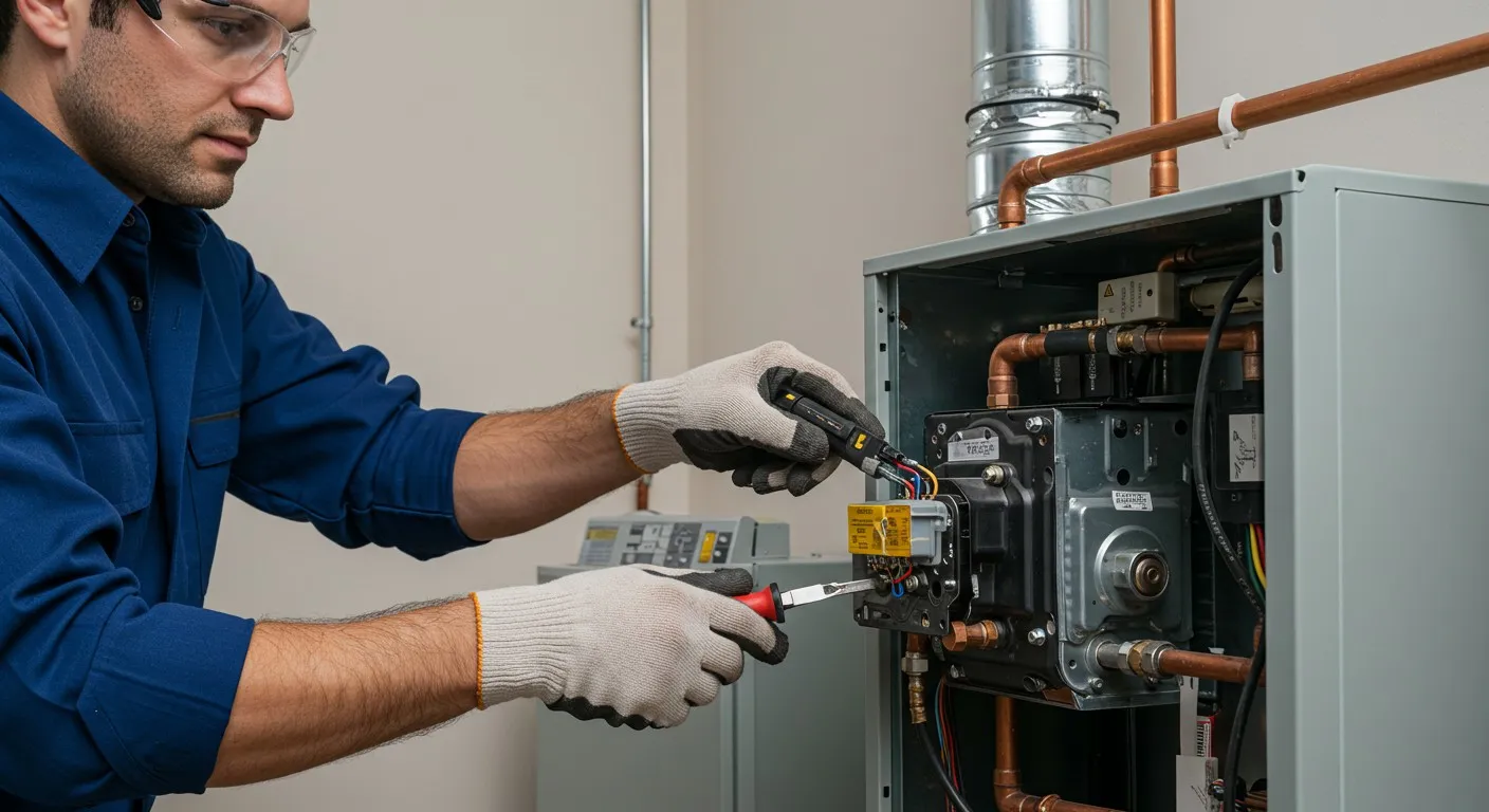 A person wearing blue shirt, gloves and goggles is repairing an indoor furnace system