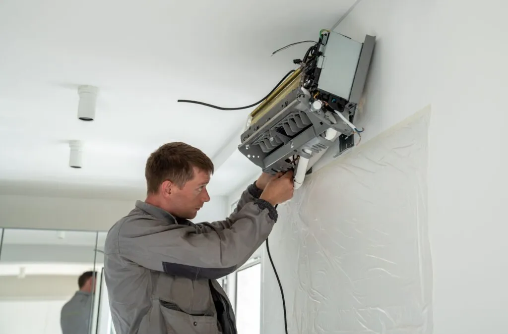 A technician wearing a grey jacket is replacing a ductless AC unit system