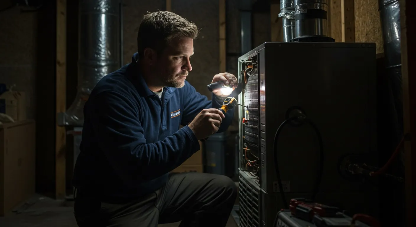 Technician inspecting HVAC furnace components with flashlight in dimly lit mechanical room