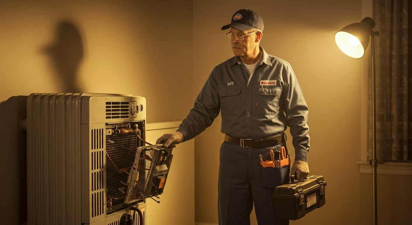 Technician holding toolbox and HVAC part beside open unit with exposed components and lamp