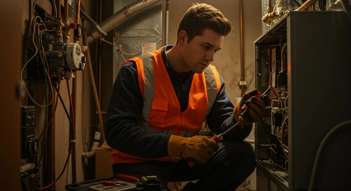Technician in high-visibility vest repairing HVAC furnace unit in mechanical room