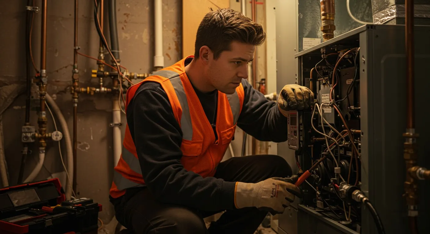 Technician in high-visibility vest repairing HVAC furnace unit in mechanical room