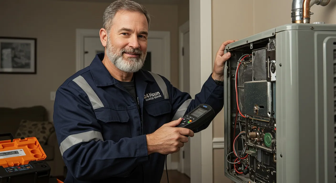 Technician inspecting HVAC unit with diagnostic tool and open toolbox indoors