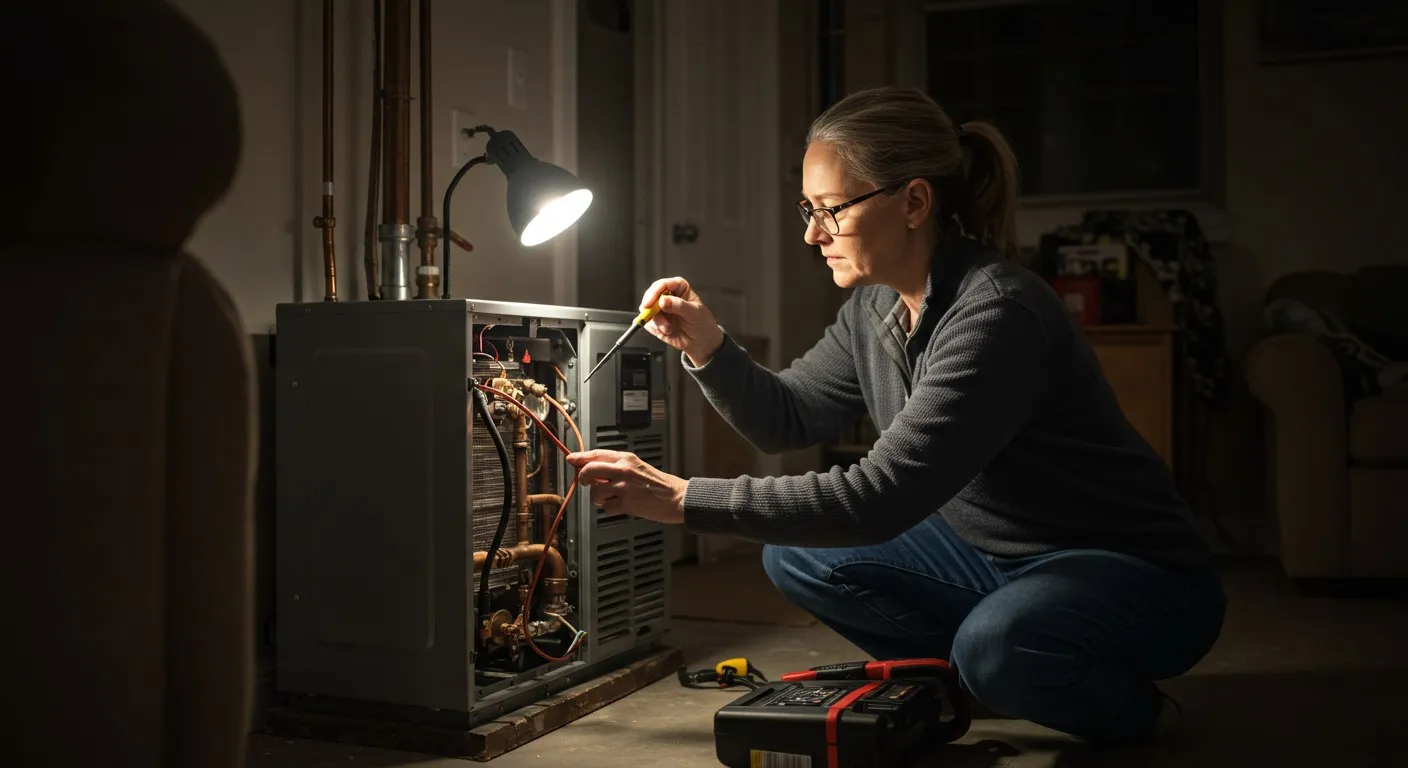 Person repairing HVAC furnace unit with screwdriver, copper pipes, and toolbox indoors