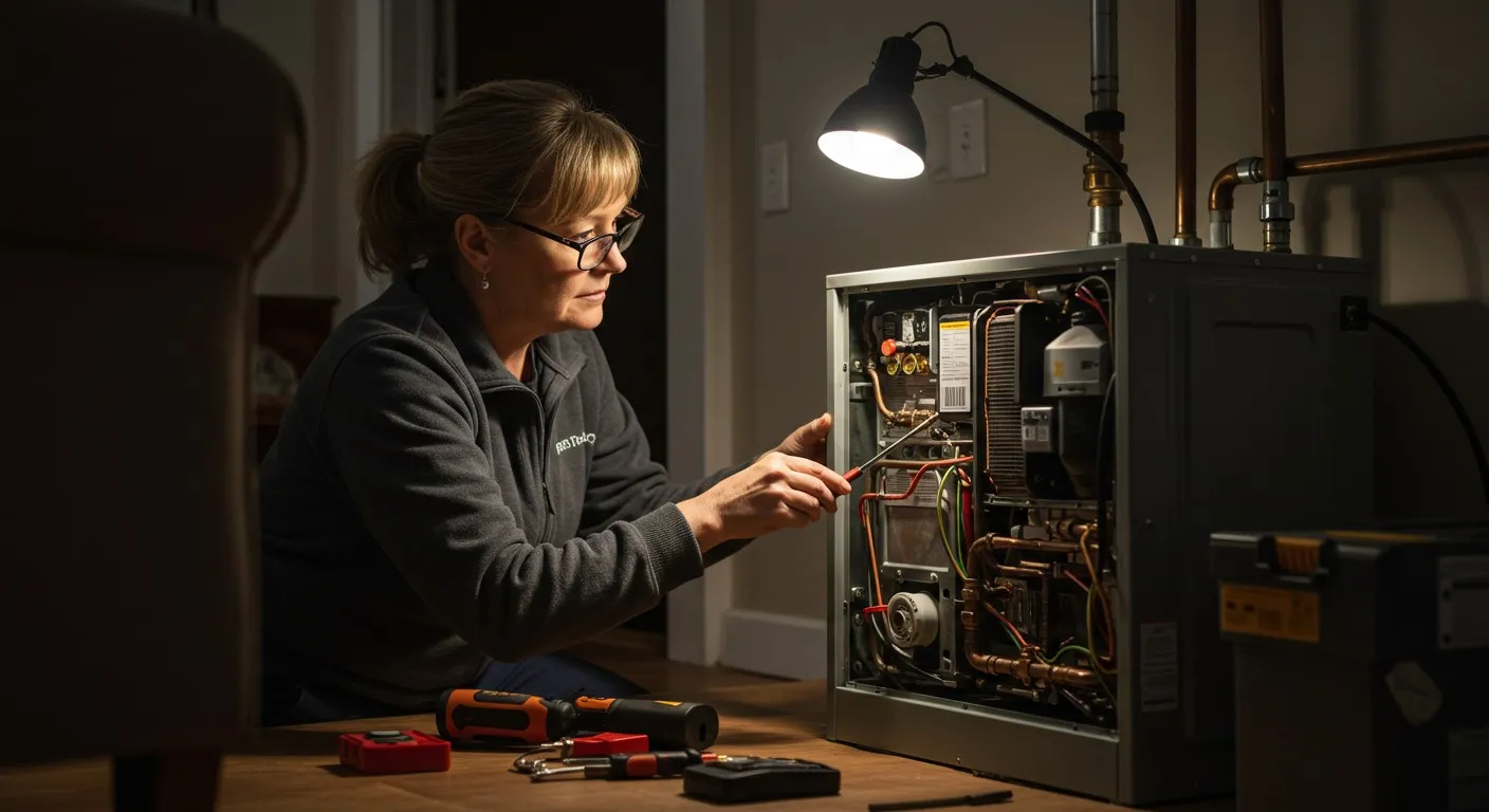 Person repairing HVAC furnace system with tools and lamp in indoor workspace