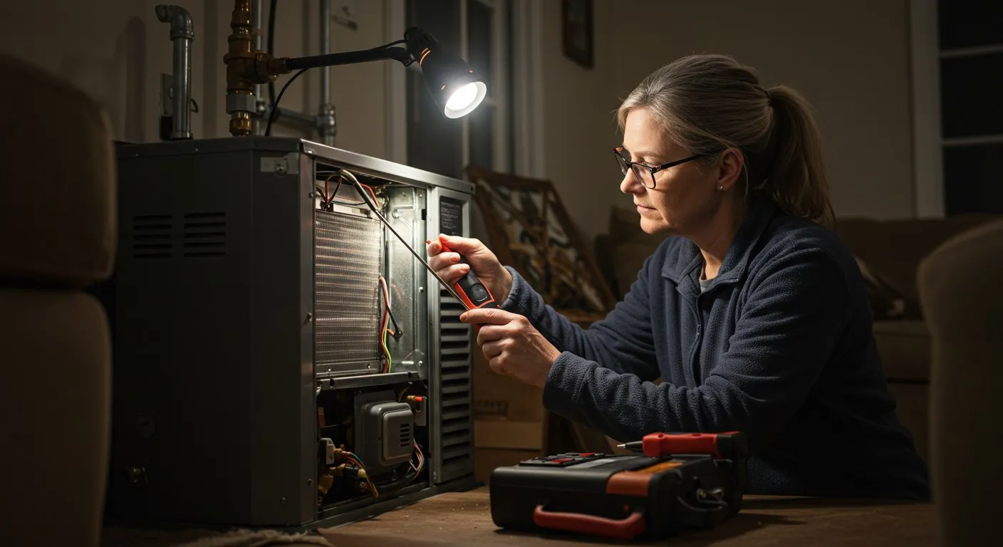 Person testing HVAC furnace components with multimeter and toolbox indoors