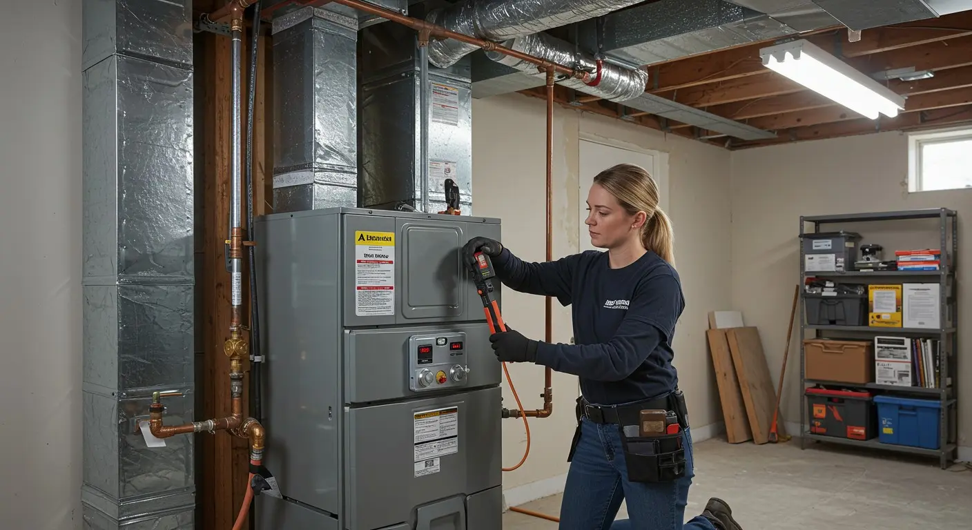 A women is inspecting an indoor furnace system using tools