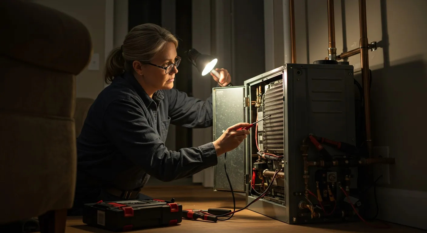 Professional HVAC technician performing a repair using a work light