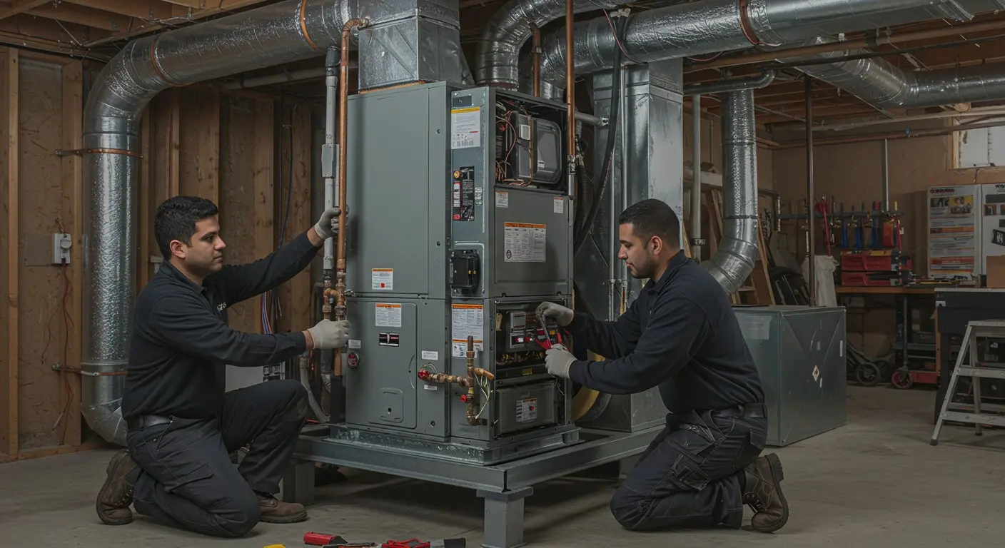 Two professional HVAC technicians are kneeling and working together to install or service a large modern furnace and air conditioning unit in a basement. One technician is connecting copper pipes while the other works on the internal electrical components.
