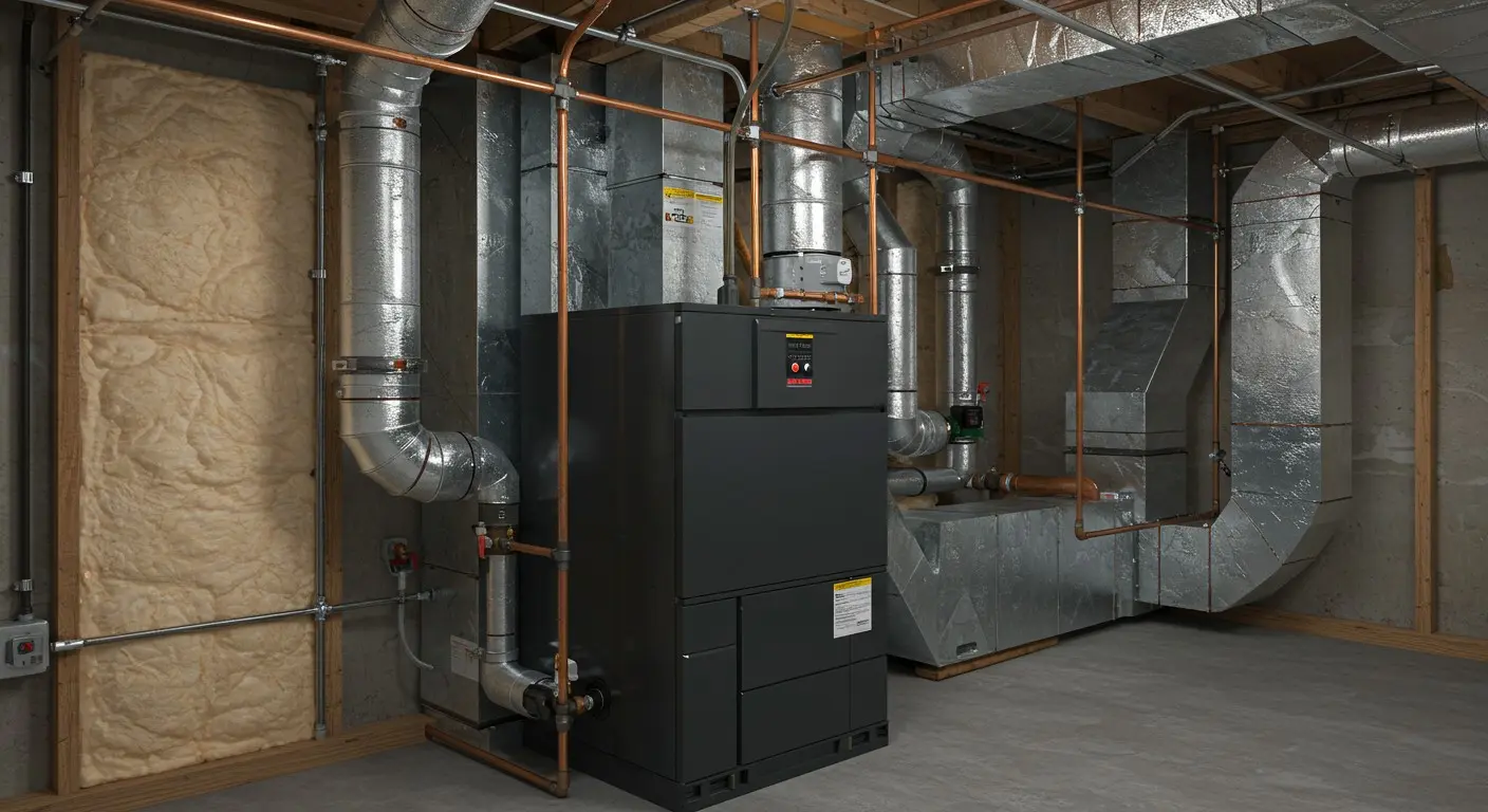 A black indoor furnace system placed inside a basement with proper ductwork systems