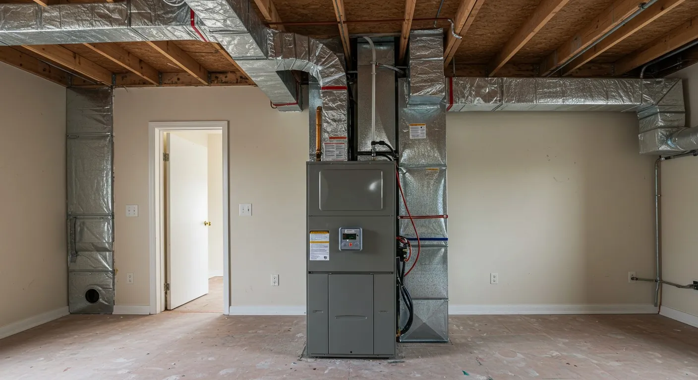 **New residential furnace and ductwork installation in a basement.**