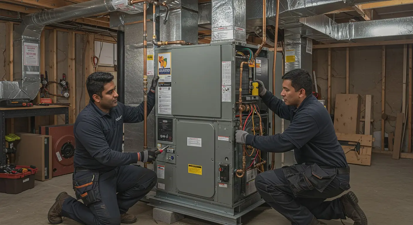 Two technicians wearing black and gloves working on repairing an indoor furnace system