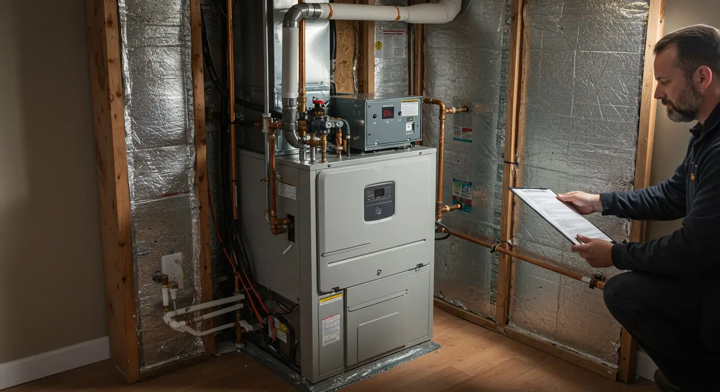 A professional HVAC technician is kneeling and reviewing a checklist on a clipboard while inspecting a modern, high-efficiency furnace with copper piping in a clean utility room or finished basement.