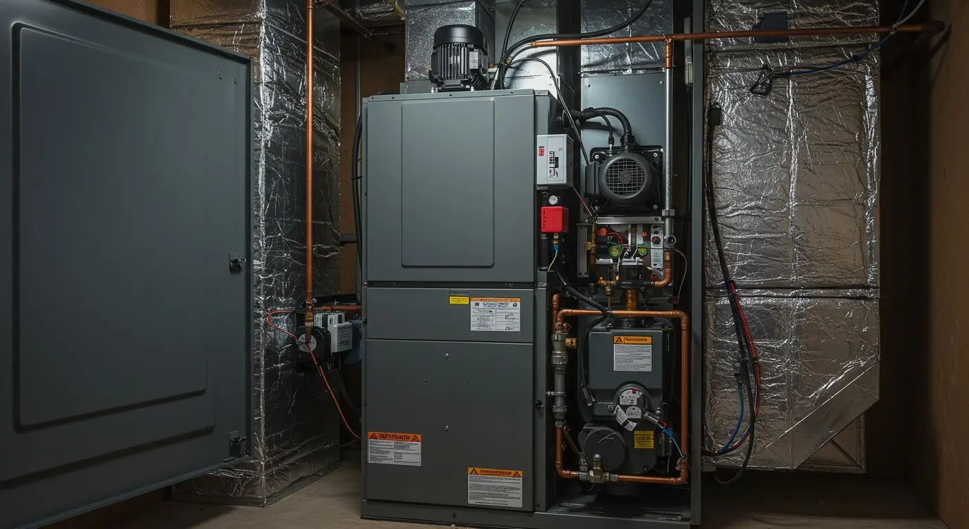 An indoor furnace system installed inside a basement area of a home with proper ducting service