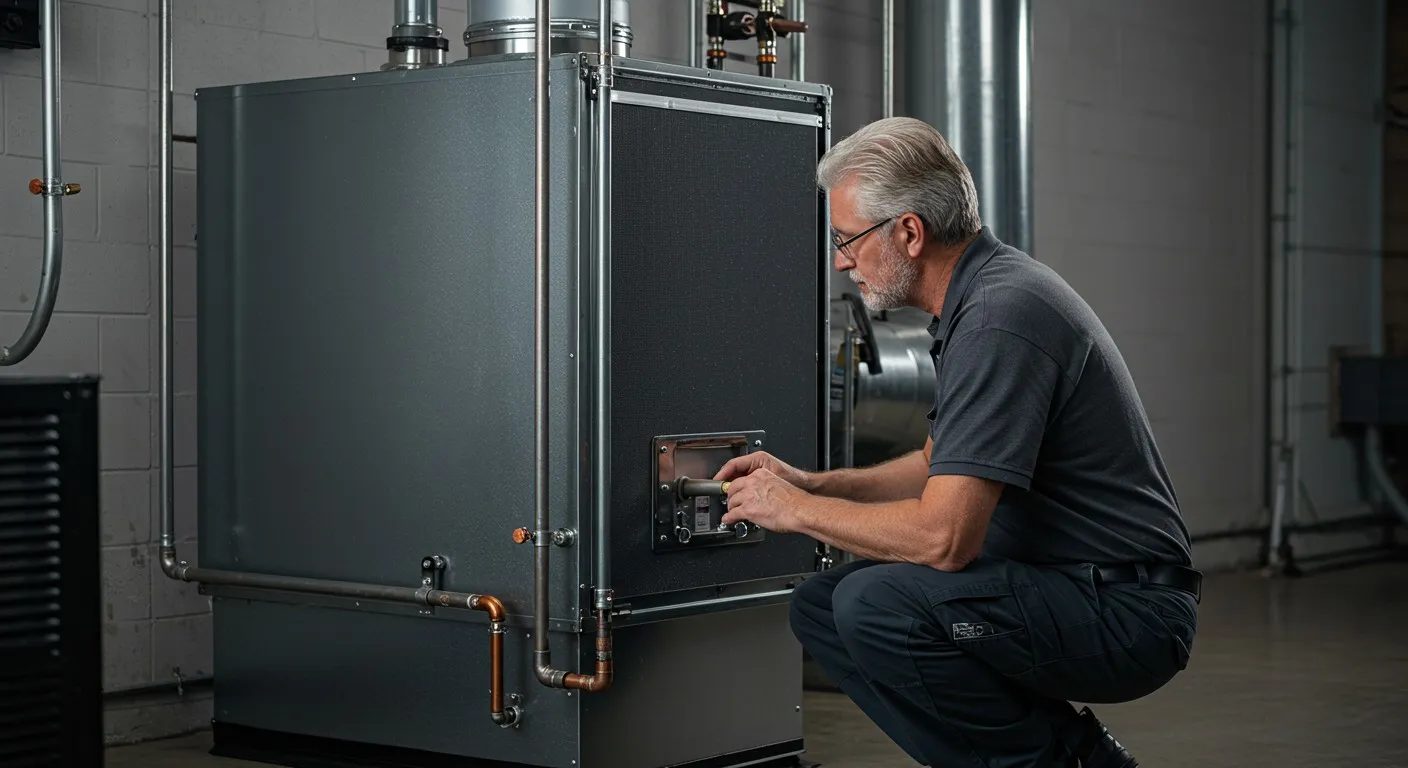 Professional HVAC technician inspecting a commercial boiler