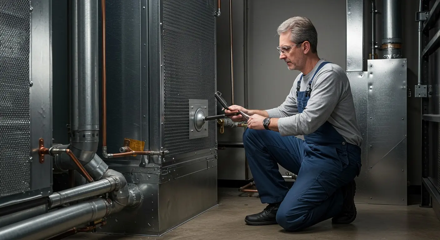 Technician kneeling to repair industrial HVAC unit with ductwork and pipes in mechanical room