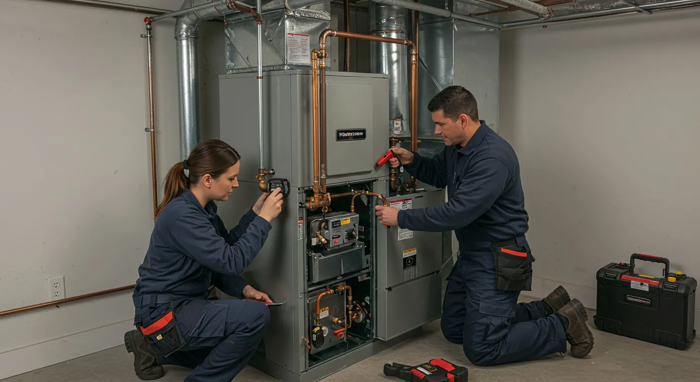 A male and female HVAC technician team, in matching uniforms, are kneeling and working together to service a large, modern furnace and air handler unit in a clean basement. The woman is holding a flashlight while the man uses a tool on the unit's internal components.