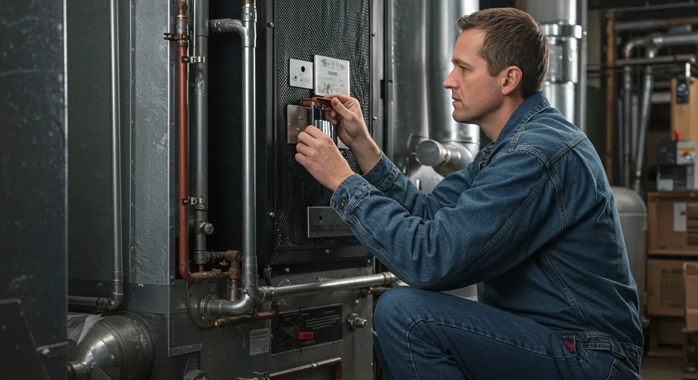 HVAC technician adjusting or wiring a control panel on a large unit