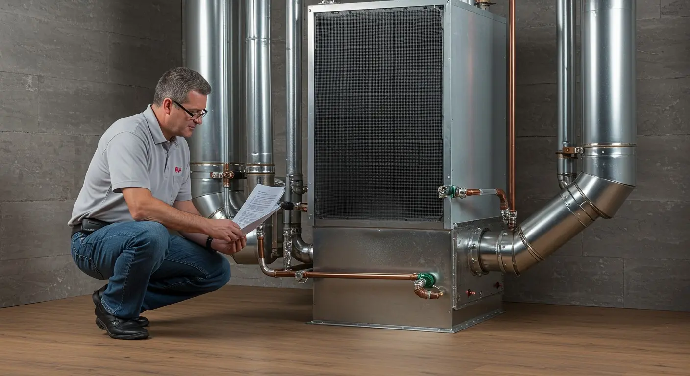 HVAC professional reviewing a manual during a system installation