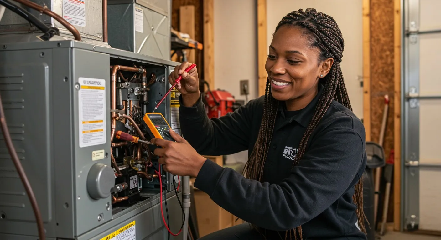A smiling female HVAC technician is using a yellow multimeter to perform diagnostics on a furnace or boiler unit in a home's garage or utility room.