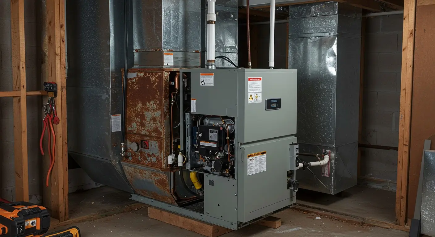 An old, rusty furnace is being replaced by a new, modern gray HVAC unit in an unfinished residential basement. The old unit is on the left, and the new unit with its clean lines and piping is on the right, highlighting a home heating and cooling upgrade.