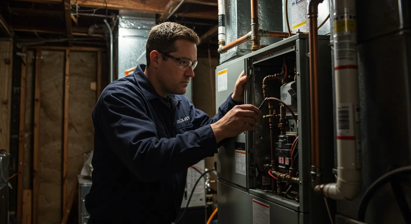 A technician wearing blue shirt and goggles is repairing an indoor furnace system