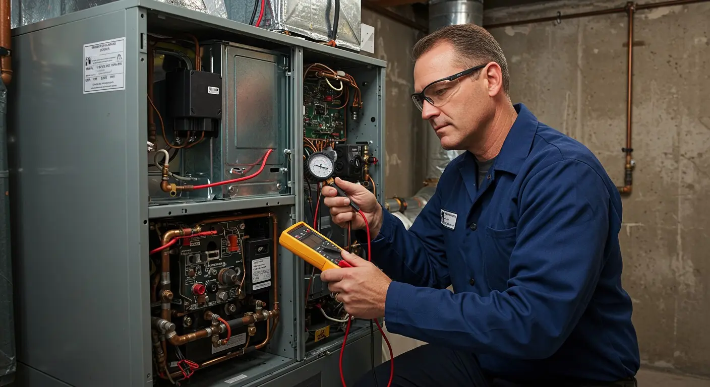 A man in a blue uniform and safety glasses is performing maintenance on a large gray HVAC or furnace unit in a basement. He is using a yellow multimeter to check the electrical components inside the open panel.