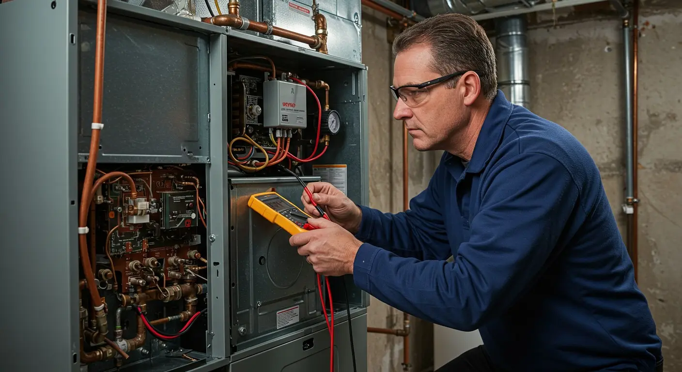 A professional HVAC technician in a blue uniform and safety glasses is kneeling in a basement, using a yellow multimeter to diagnose and test the electrical components of a modern furnace or HVAC unit.