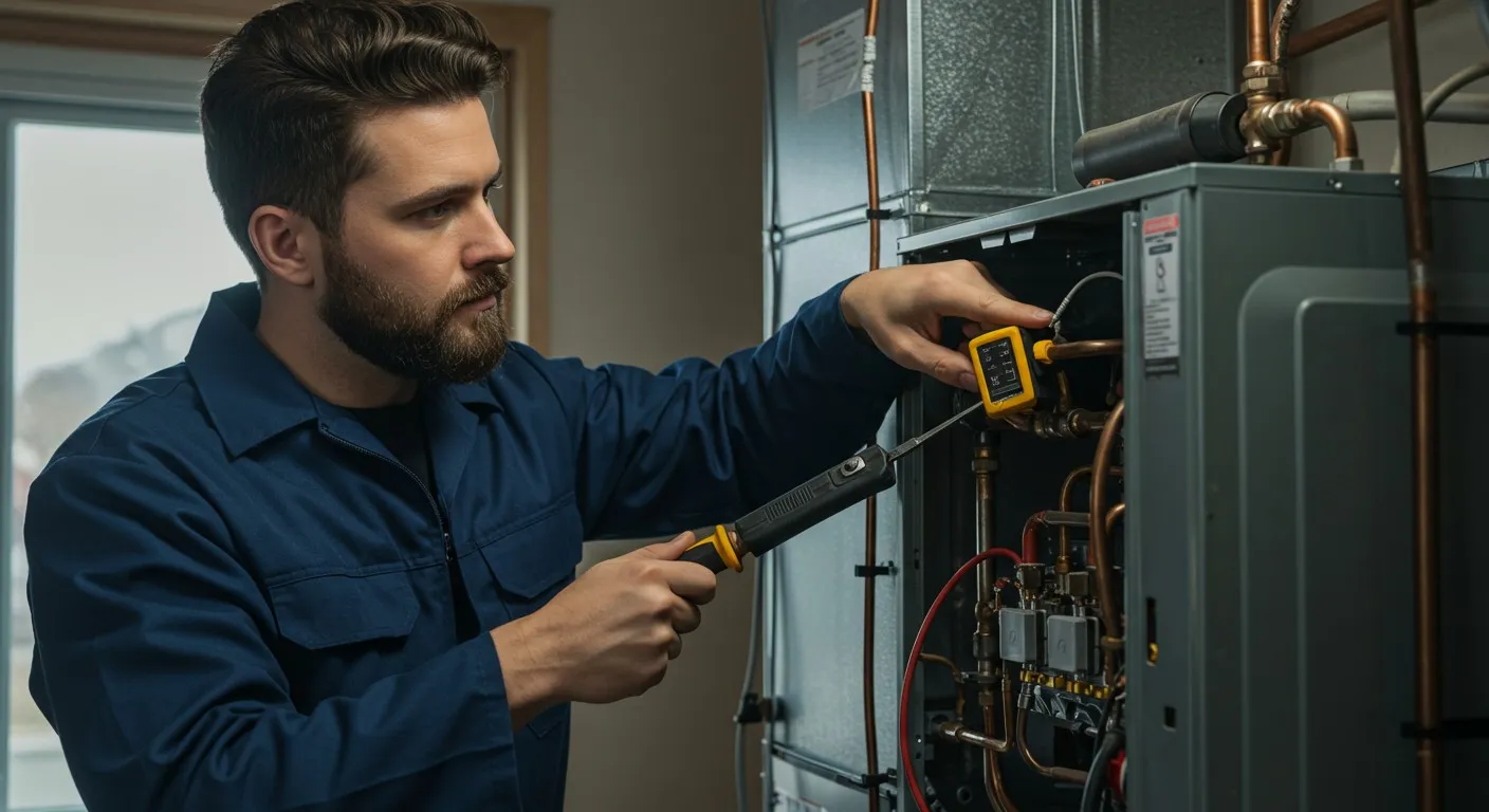 A professional HVAC technician wearing a blue uniform and safety glasses is using a yellow multimeter to test the electrical wiring and components of a modern furnace unit in a basement.