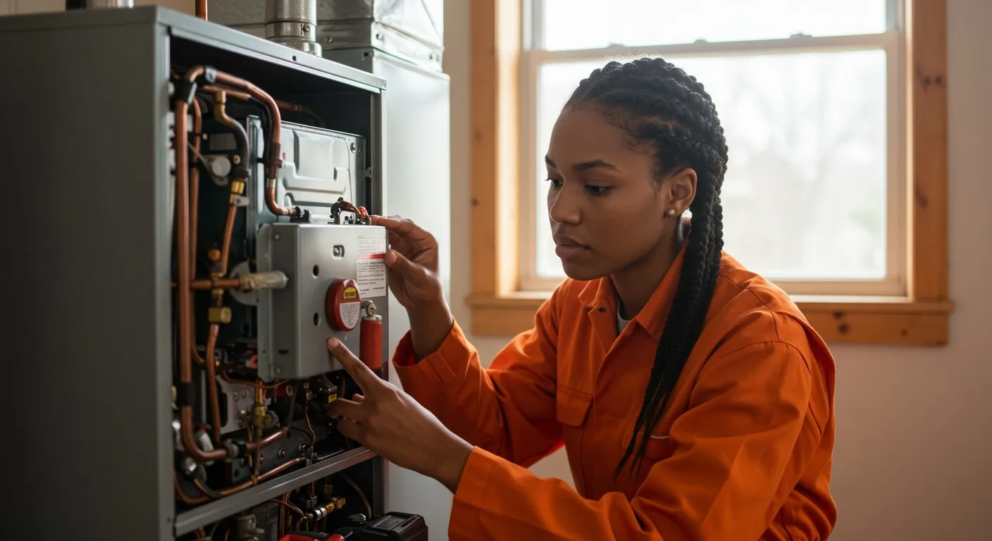 A women wearing orange attire is inspecting an indoor furnace system using her hands