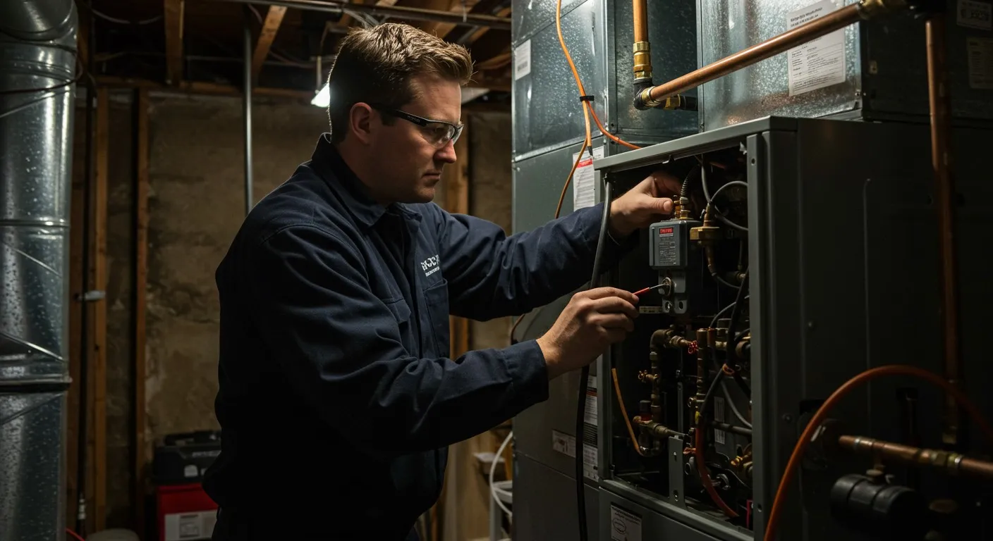 A technician wearing blue shirt and goggles is repairing an indoor furnace system