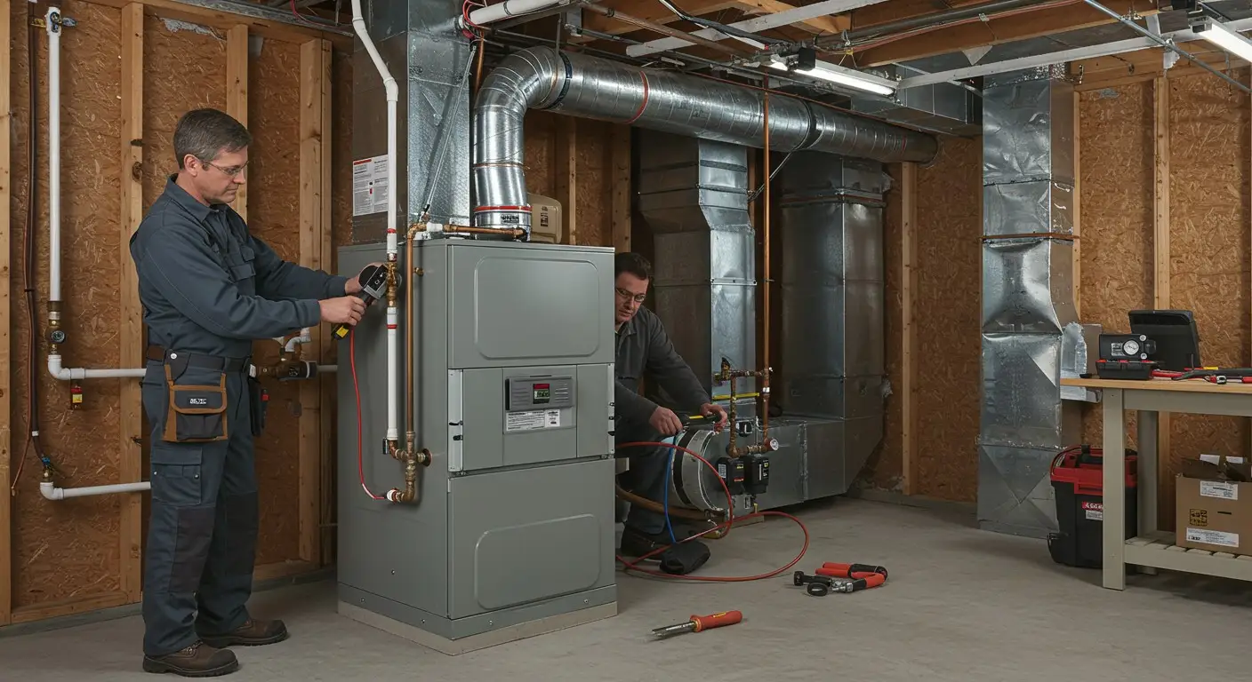 Team of professional HVAC technicians installing a furnace in a basement.