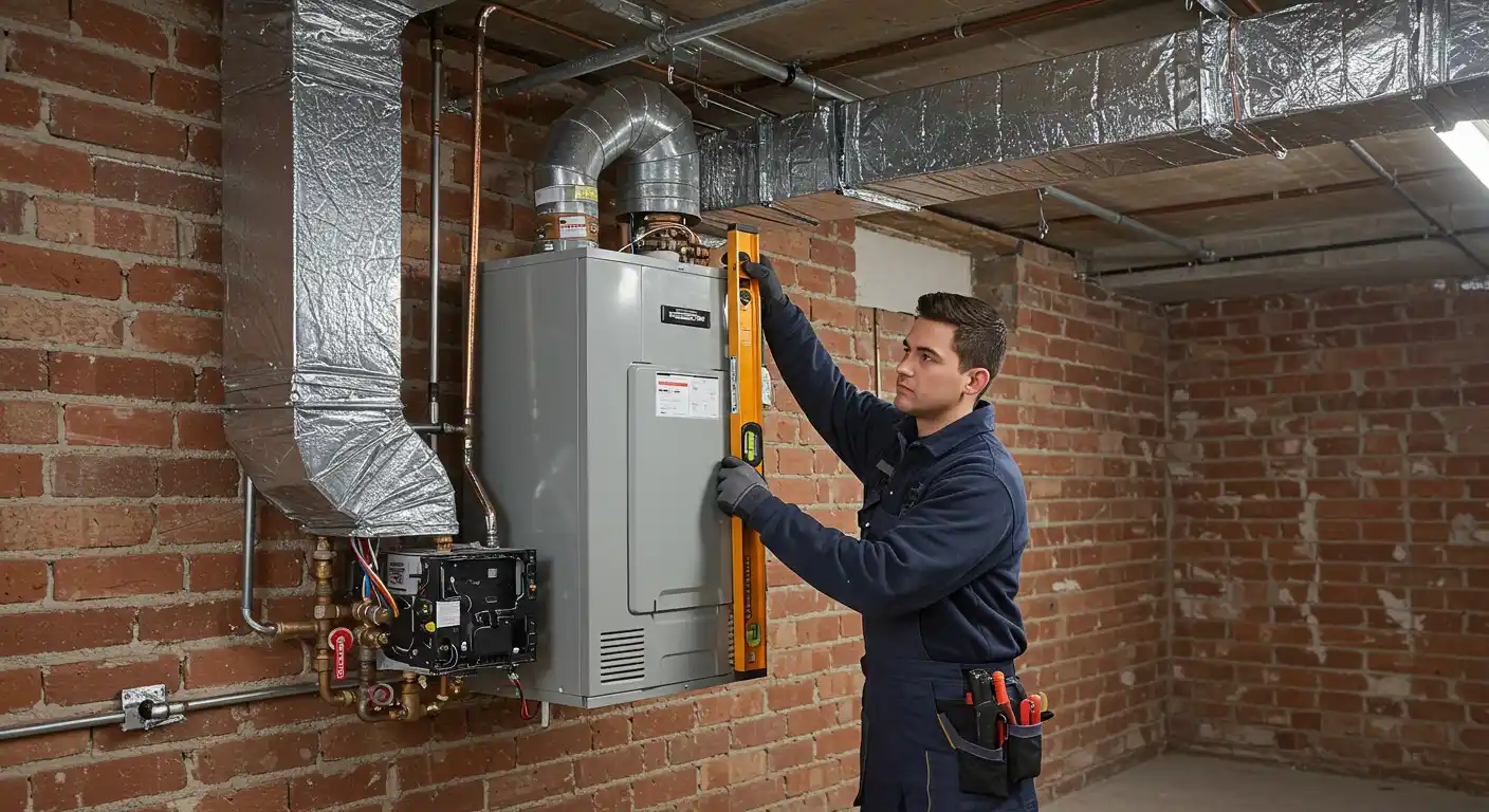 HVAC technician installing a water heater with a level