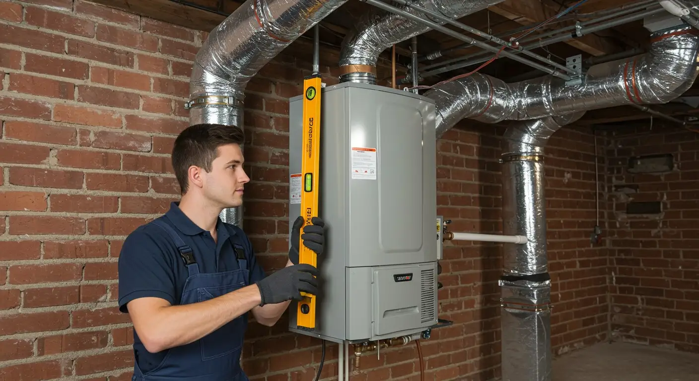 Person using level tool on gray water heater in basement with brick walls and exposed ductwork