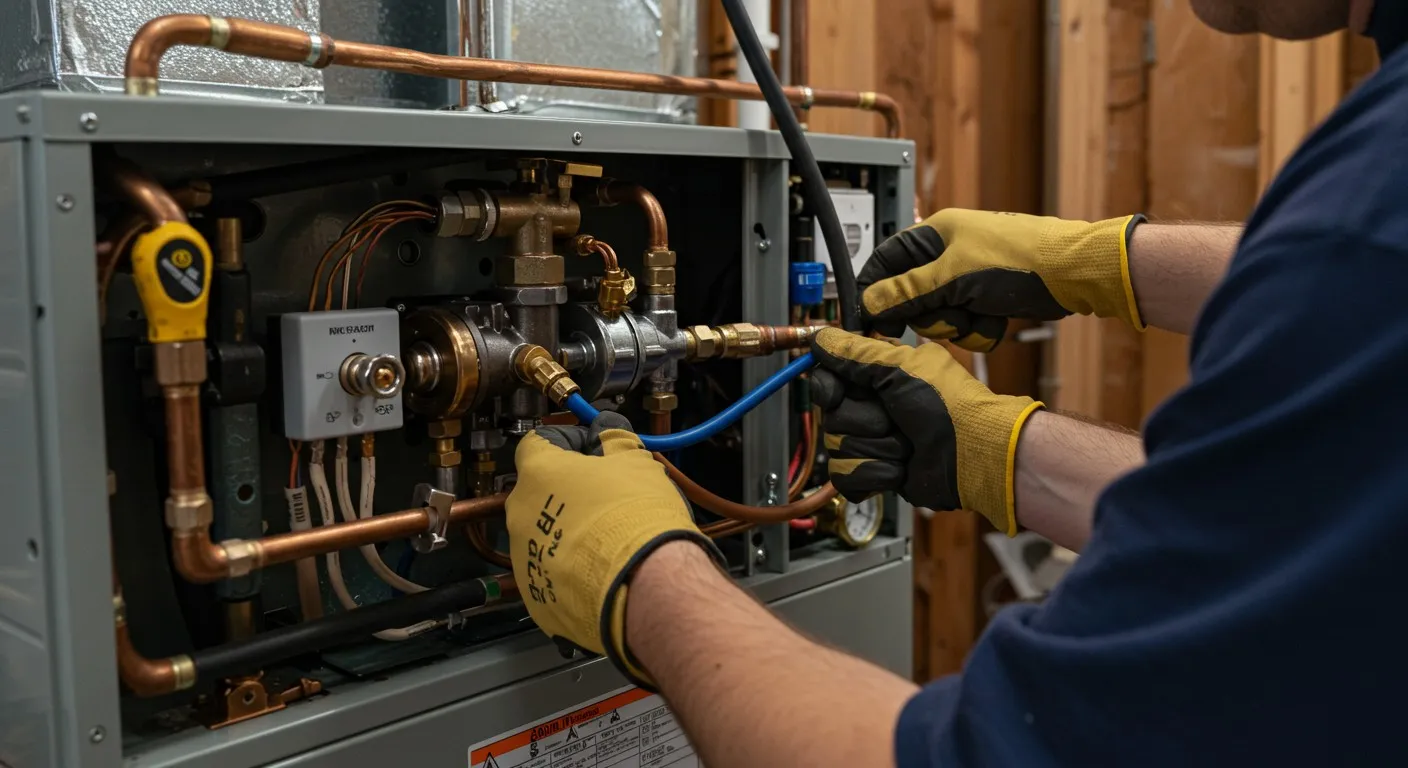A close-up shot of a technician's hands in yellow work gloves, using a blue hose to connect or disconnect a brass fitting on a complex HVAC or boiler unit with multiple copper pipes.