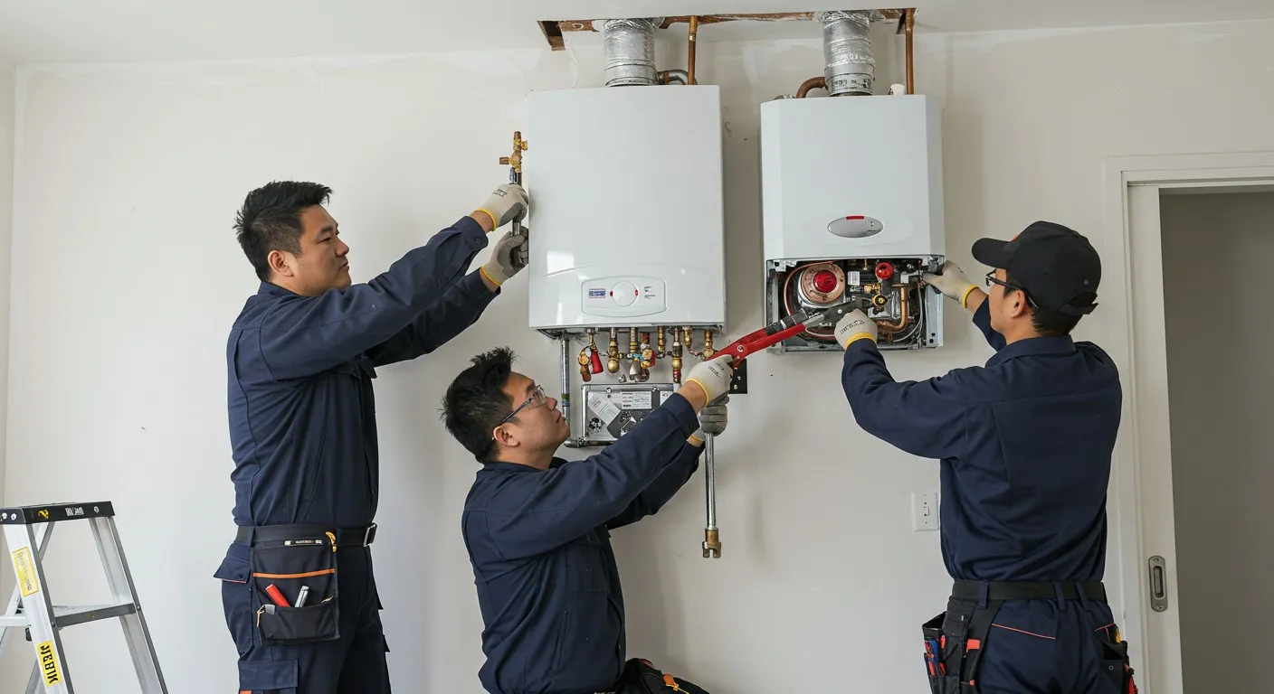 Team of professional plumbers installing two wall-mounted boilers