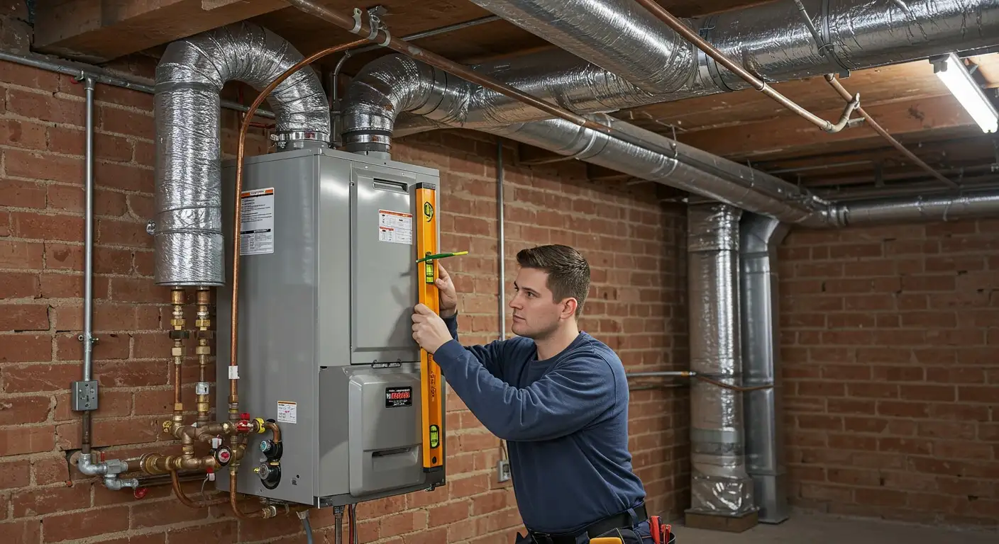 Person checking alignment of gray water heater with level tool in brick-walled basement