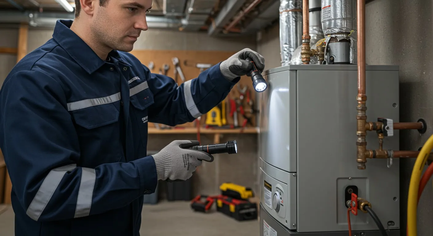 HVAC technician inspecting furnace unit with flashlight in mechanical room workshop